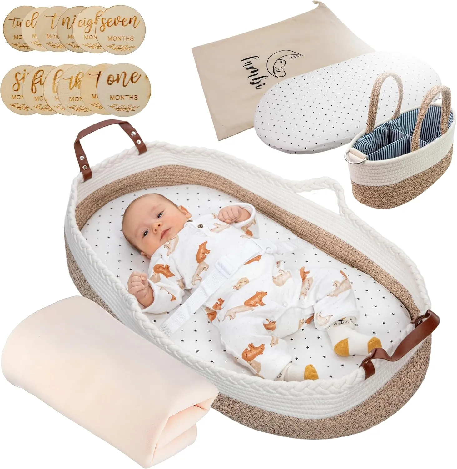 Baby Changing Basket Set with Diaper Caddy Organizer, Multi Handle Handmade Boho Cotton Rope Basket with Portable Bag, Waterproof Pad, Milestone Markers, Blanket -Table Topper Changing Pad for Newborn