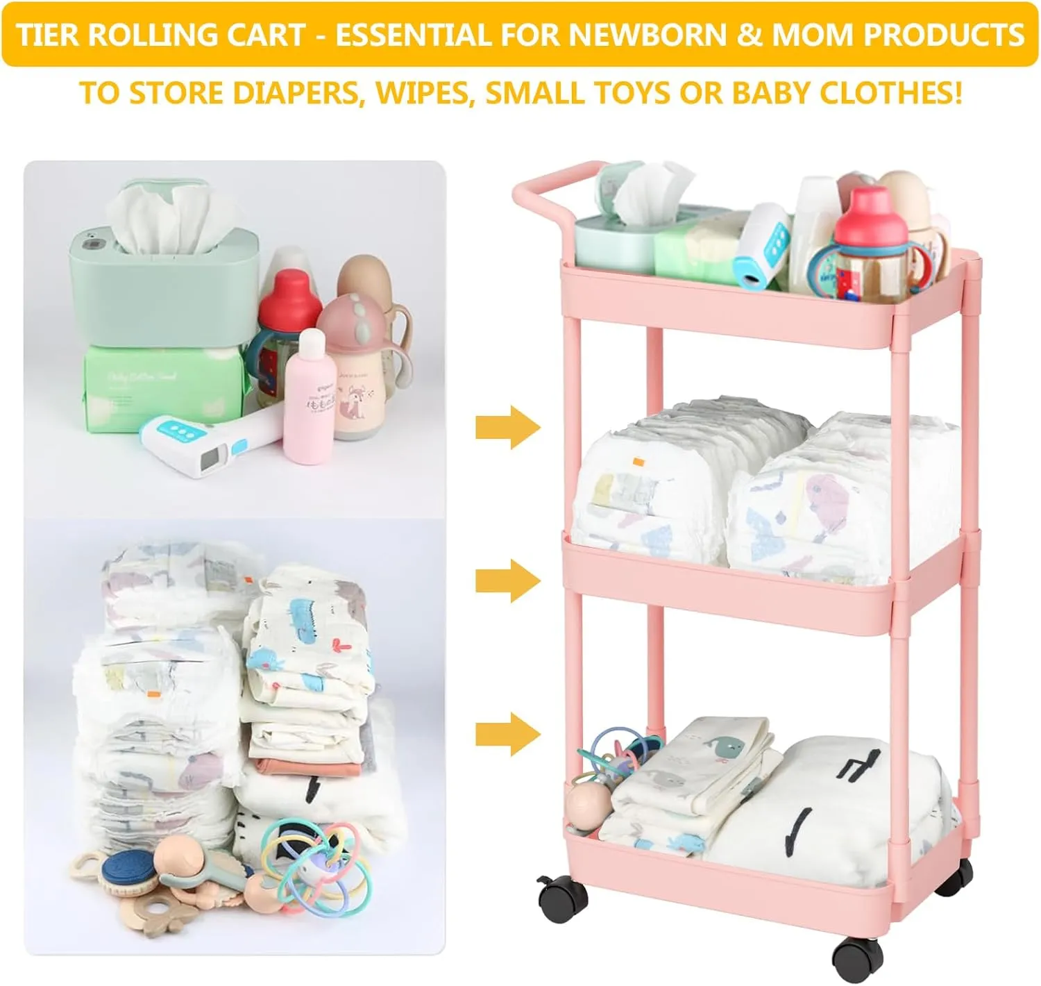 Baby Diaper Caddy – Plastic Diaper Organizer for Nursery Essentials, Movable Cart for Changing Table & Crib, Easy to Assemble, Pink