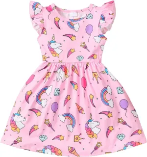 Baby Girls Dress Unicorn Casual Flutter Sleeve Swing Sundress Birthday Party Summer Playwear Dresses 1-8 Years Old