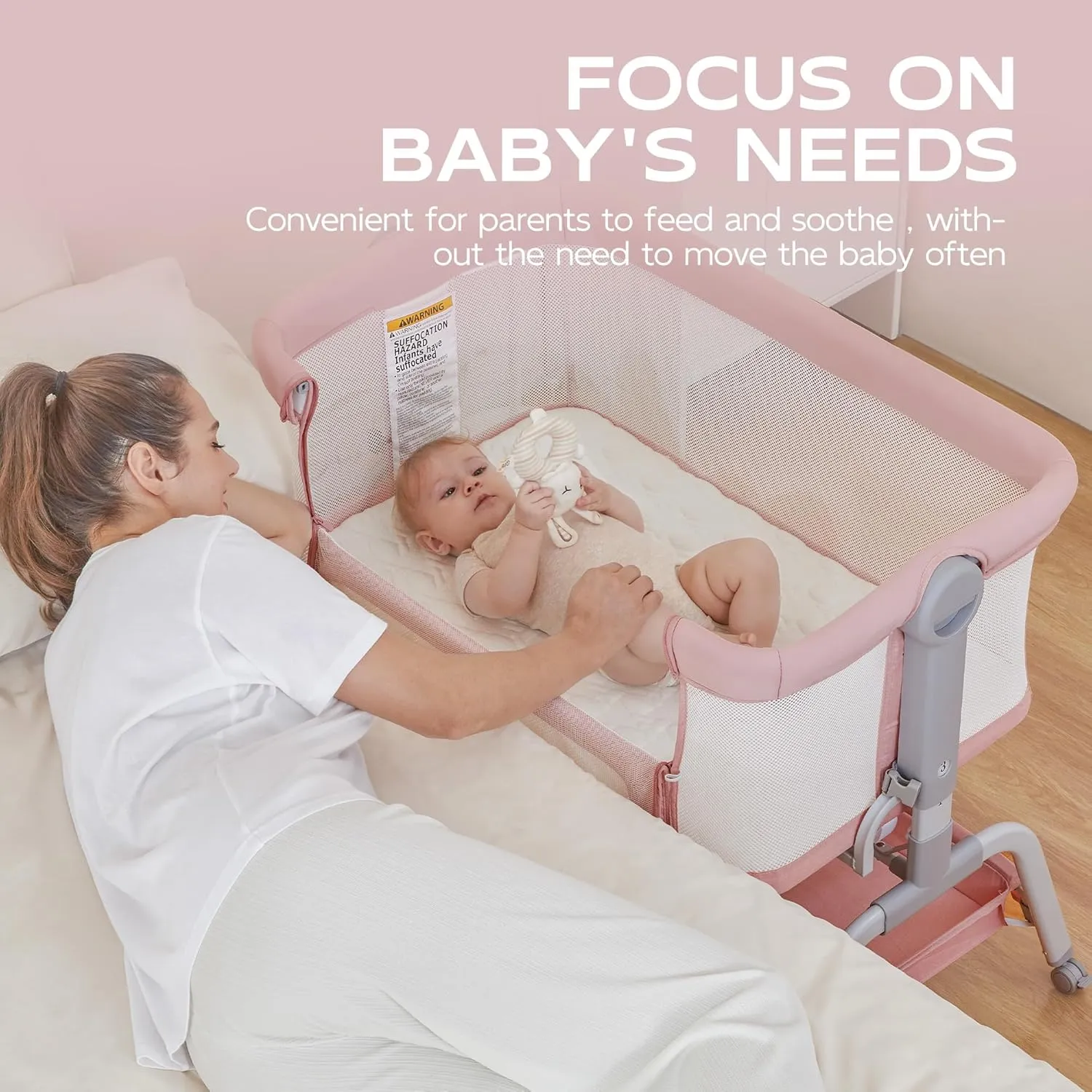 BabyBond Baby Bassinet, 3 in 1 Bassinet Bedside Sleeper with Washable Soft Mattress and Sheet, 6 Height Adjustable Bedside Crib, 4-Sided Mesh Bedside Bassinet for Baby