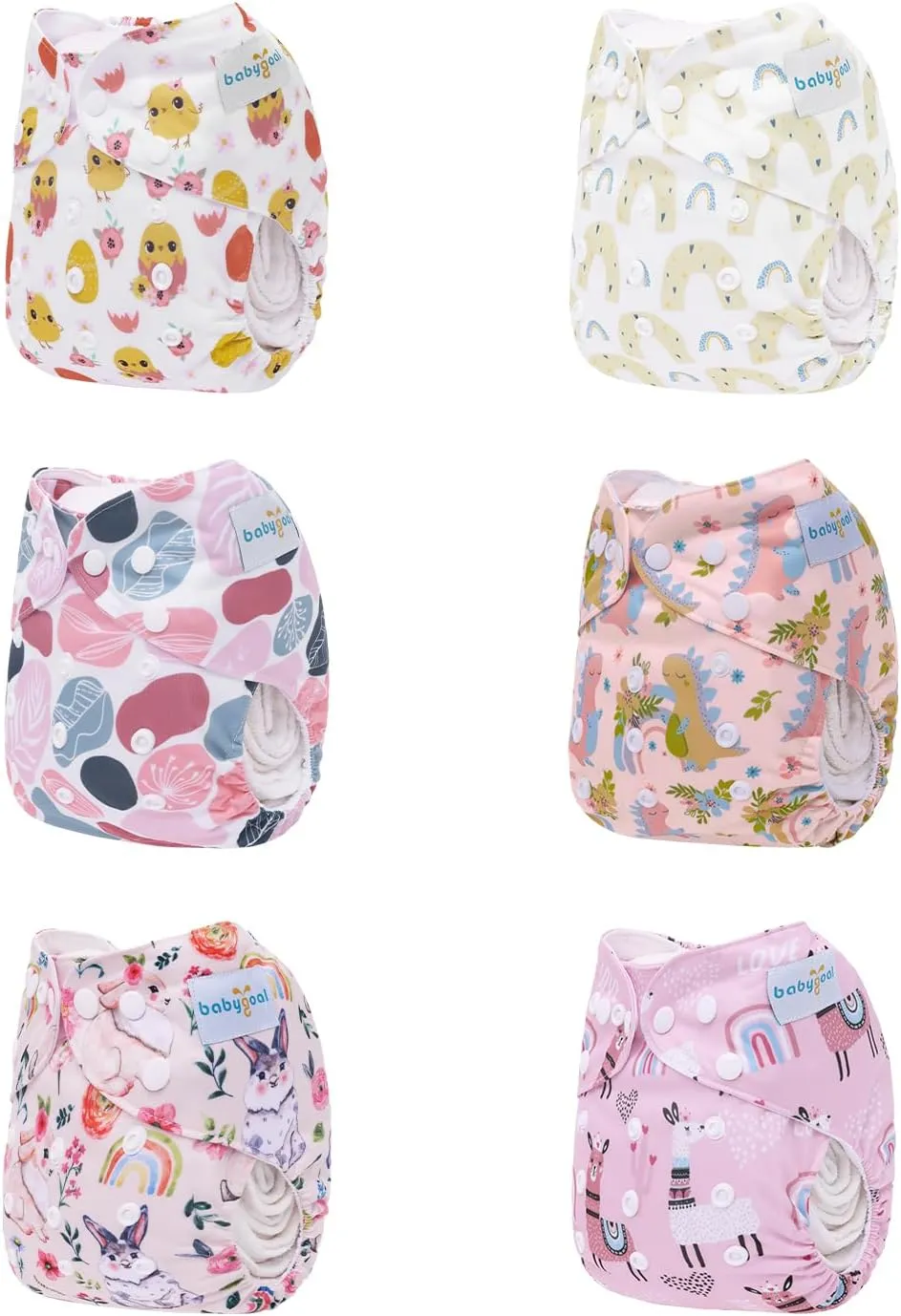 babygoal AWJ Cloth Diapers with Tummy Panel Pack of 13, 6 Diaper Cover with 6 Inserts and Wet Dry Bag, Adjustable Washable Reusable for Baby Girls and Boys