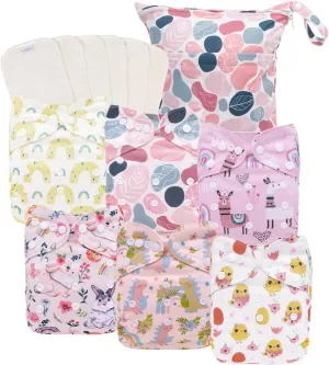 babygoal AWJ Cloth Diapers with Tummy Panel Pack of 13, 6 Diaper Cover with 6 Inserts and Wet Dry Bag, Adjustable Washable Reusable for Baby Girls and Boys