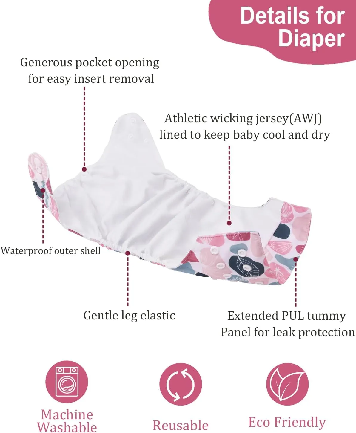 babygoal AWJ Cloth Diapers with Tummy Panel Pack of 13, 6 Diaper Cover with 6 Inserts and Wet Dry Bag, Adjustable Washable Reusable for Baby Girls and Boys