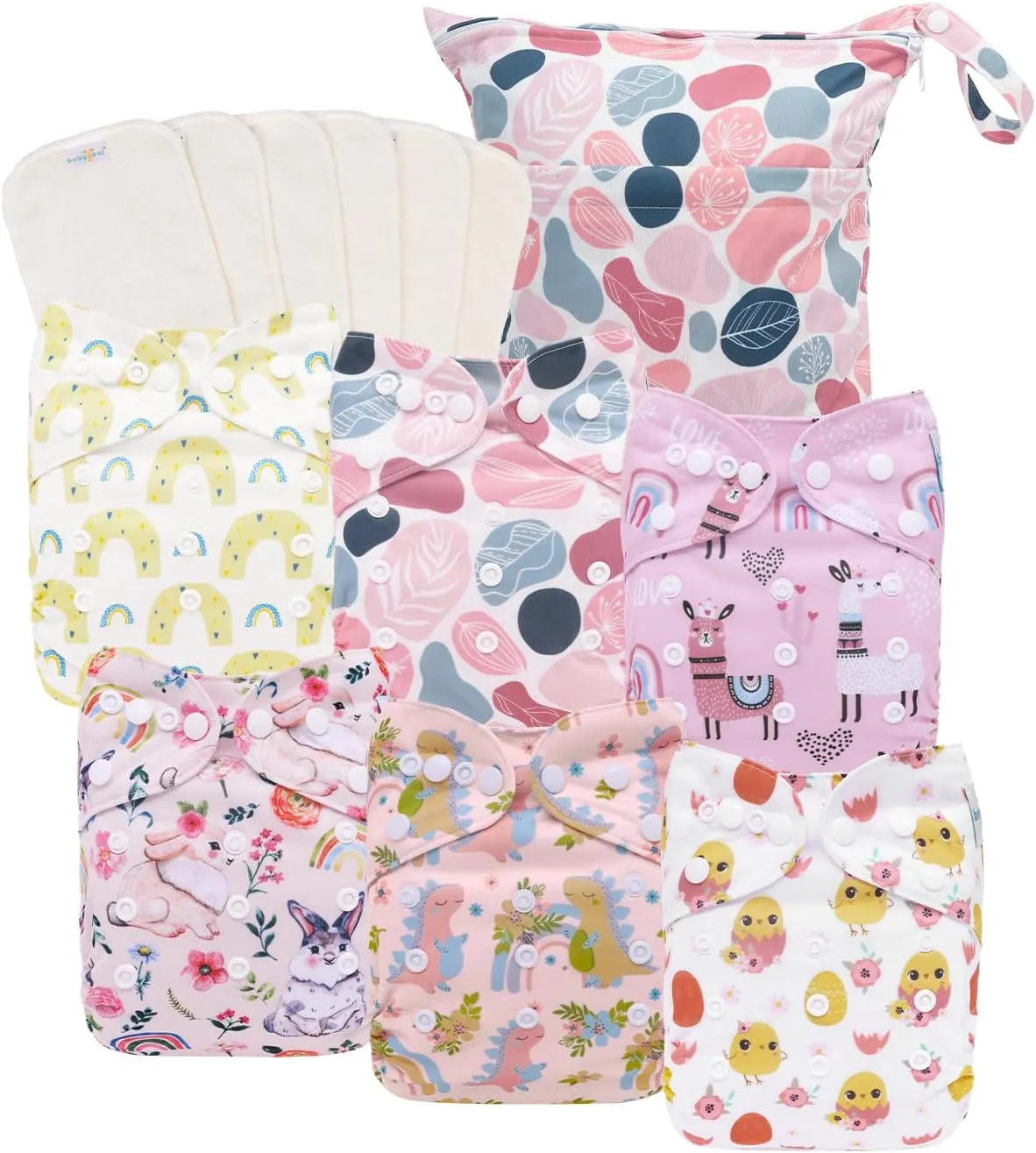 babygoal AWJ Cloth Diapers with Tummy Panel Pack of 13, 6 Diaper Cover with 6 Inserts and Wet Dry Bag, Adjustable Washable Reusable for Baby Girls and Boys