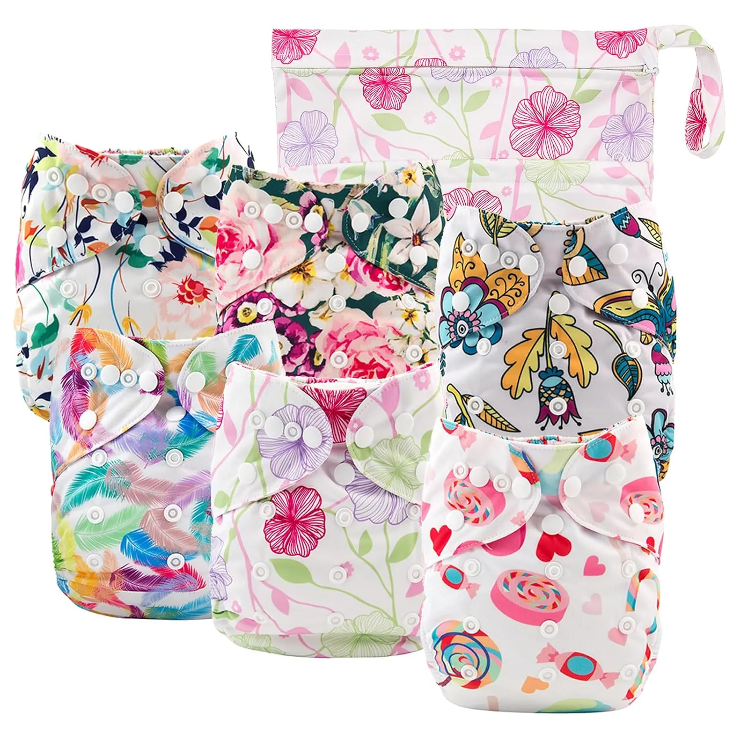 Babygoal Cloth Diaper Cover for Girls,Baby Adjustable Reusable Covers for Fitted Diapers and Prefolds, 6pcs Baby Clothes Covers One Wet Bag 6DCF04