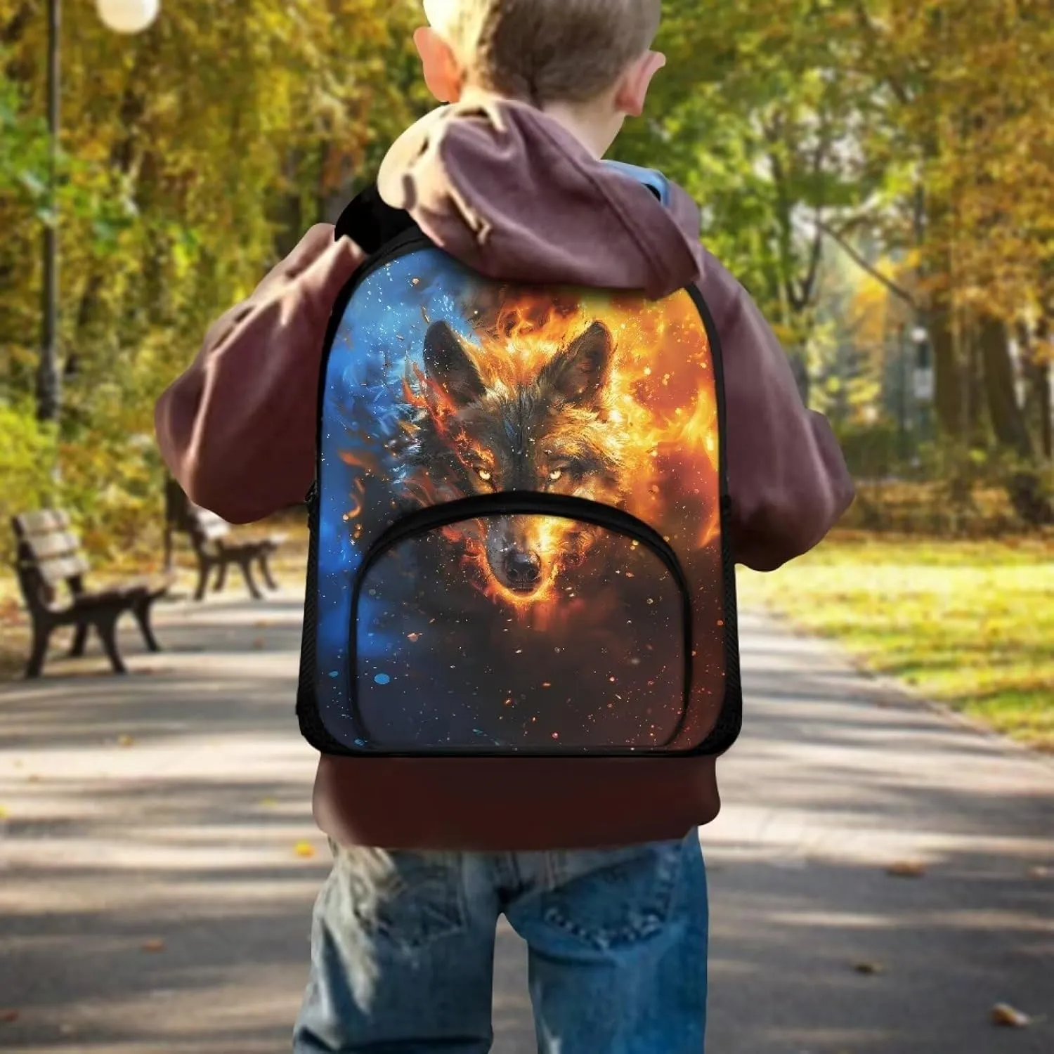 Backpack for Boys Girls Kids Mini Preschool Bookbag with Zipper and Strap Toddler Daycare Shoulder Bag, Fire and Water Wolf