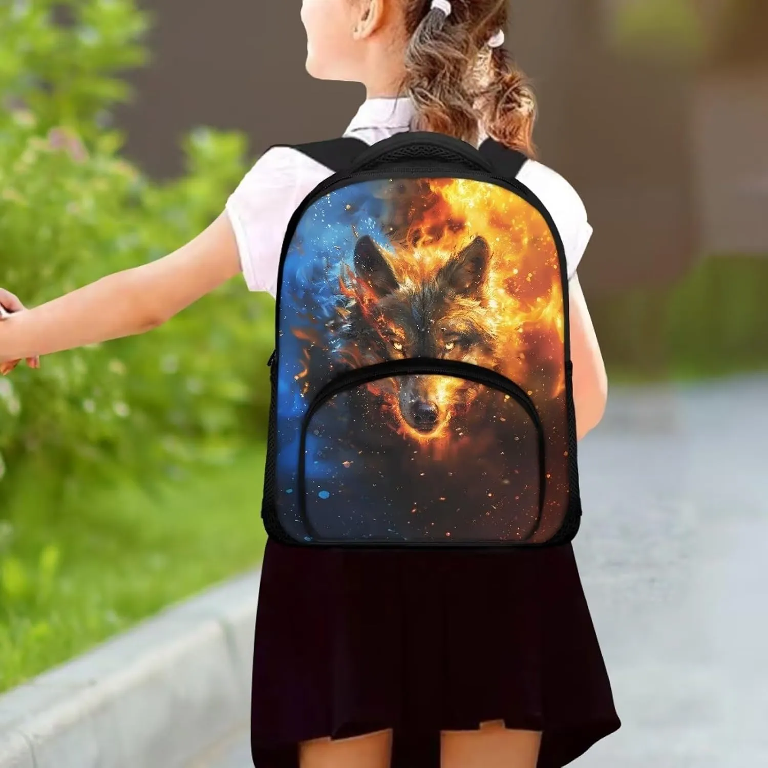 Backpack for Boys Girls Kids Mini Preschool Bookbag with Zipper and Strap Toddler Daycare Shoulder Bag, Fire and Water Wolf
