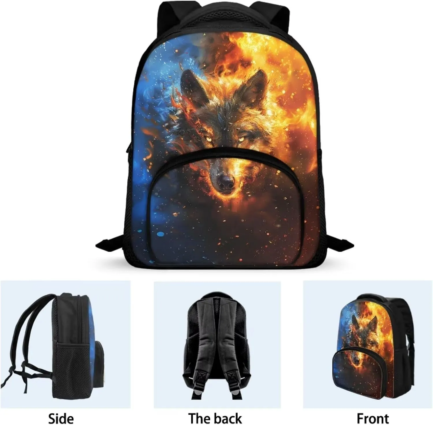 Backpack for Boys Girls Kids Mini Preschool Bookbag with Zipper and Strap Toddler Daycare Shoulder Bag, Fire and Water Wolf