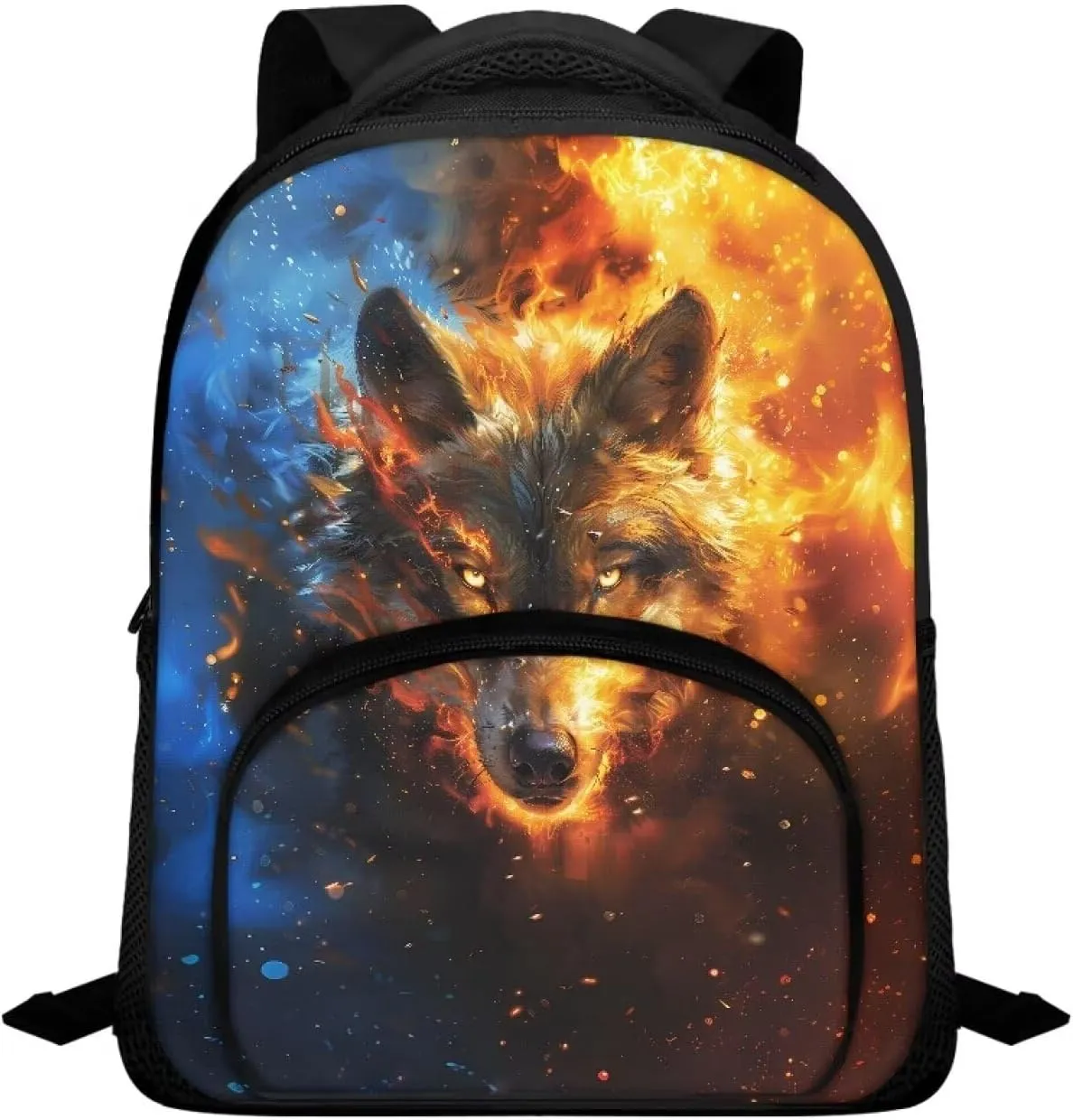 Backpack for Boys Girls Kids Mini Preschool Bookbag with Zipper and Strap Toddler Daycare Shoulder Bag, Fire and Water Wolf