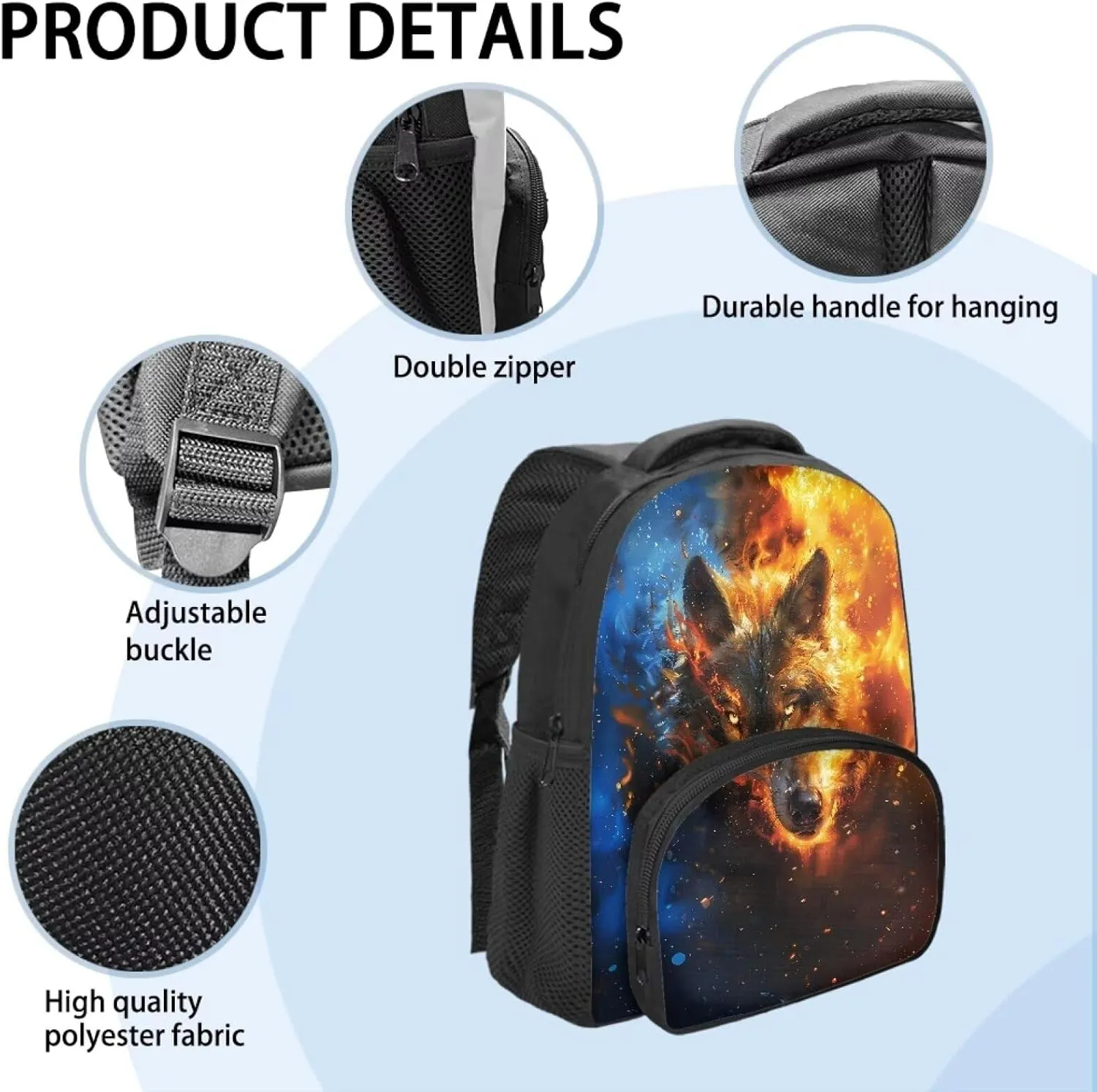 Backpack for Boys Girls Kids Mini Preschool Bookbag with Zipper and Strap Toddler Daycare Shoulder Bag, Fire and Water Wolf