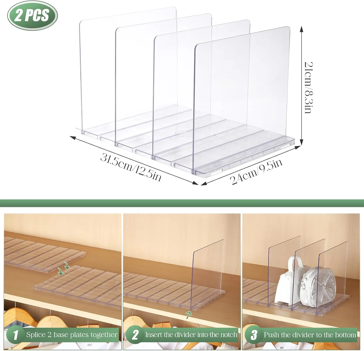 Bag & Purse Organizer for Closet, 2 Pack Adjustable Shelf Divider for Closet - Clear Handbag Shelf Dividers Acrylic Handbag Separators Storage Organizer for Closets Bookshelf (8 Layers)