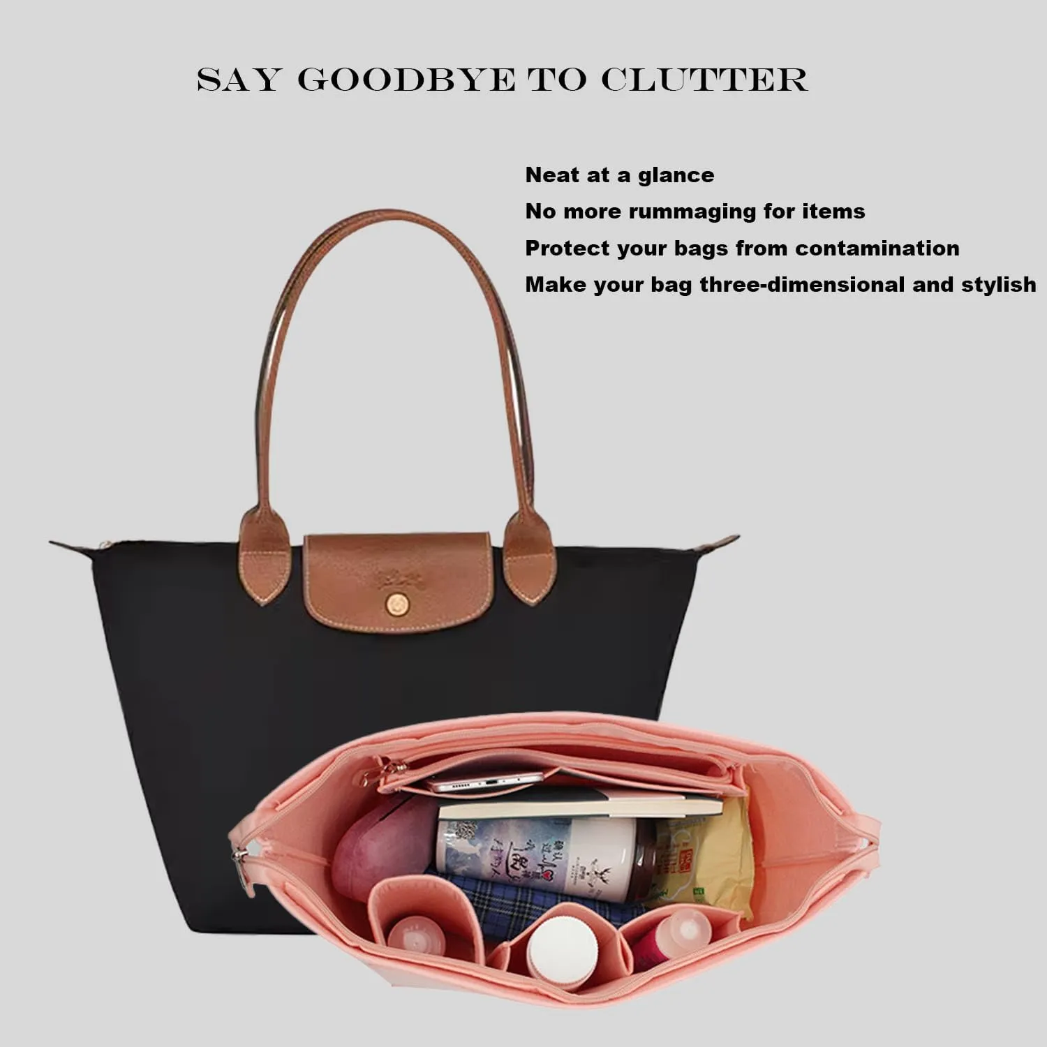 Bag Organizer, Purse Insert With Zipper, Suitable for Longchamp Tote Bag Organizer Insert (Pink, Large)