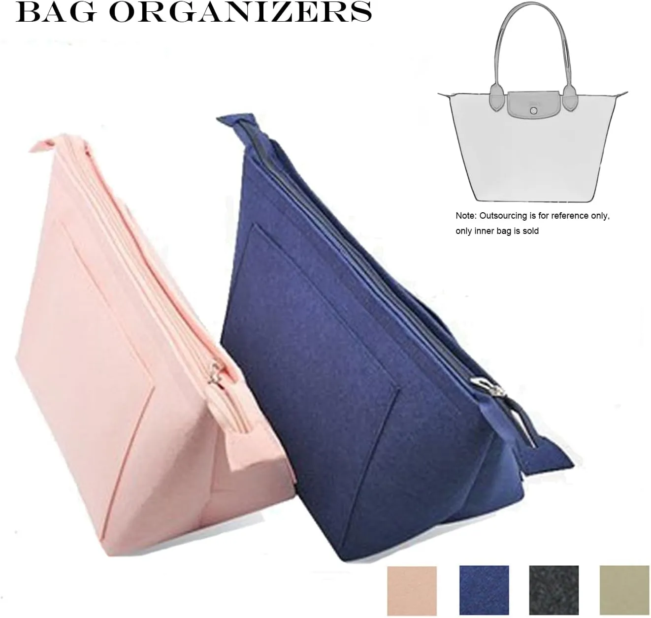 Bag Organizer,Purse Insert Organizer With Zipper,Suitable Longchamp Long and Short Handles Tote Bag Organizer Insert (Dark Gray, Large)