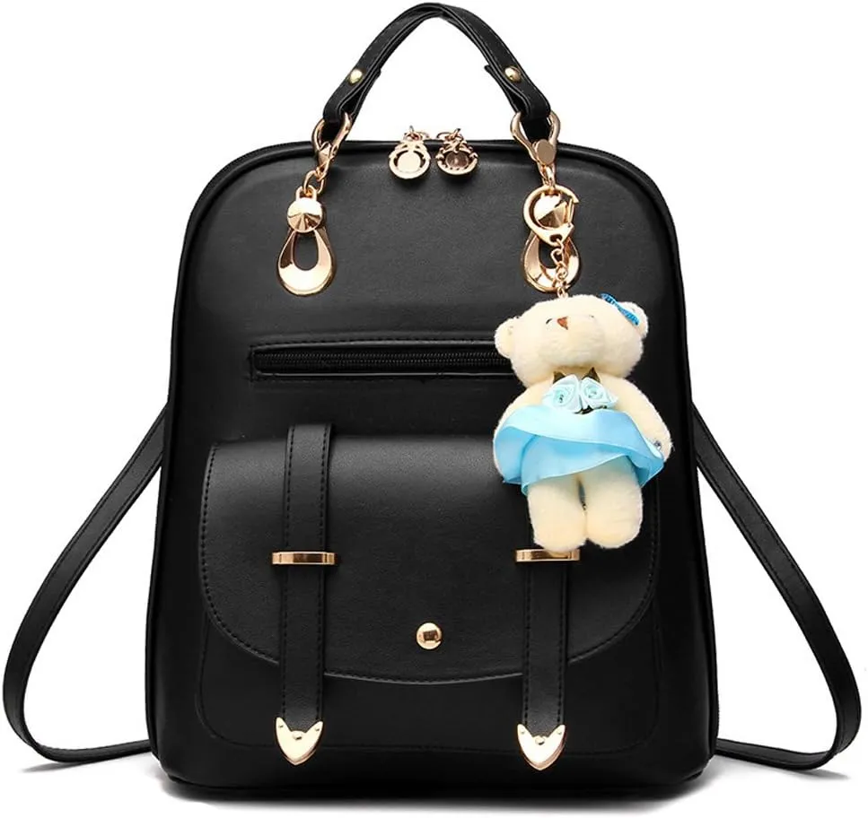 BAG WIZARD OASD Women's Backpack Leather Multi Way Girls School Cartoon Pendant, Black
