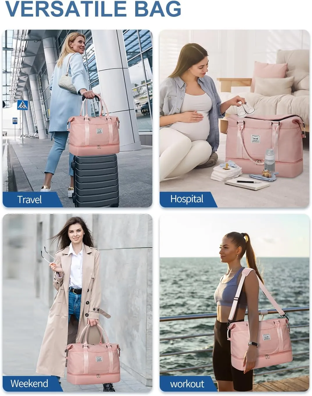 BAGAIL Travel Duffel Bag, Weekender Bags for Women, Overnight Gym Carry On Tote Bag with Wet Pocket, Hospital Mom Bag for Labor and Delivery - Extra Large Set, Pink
