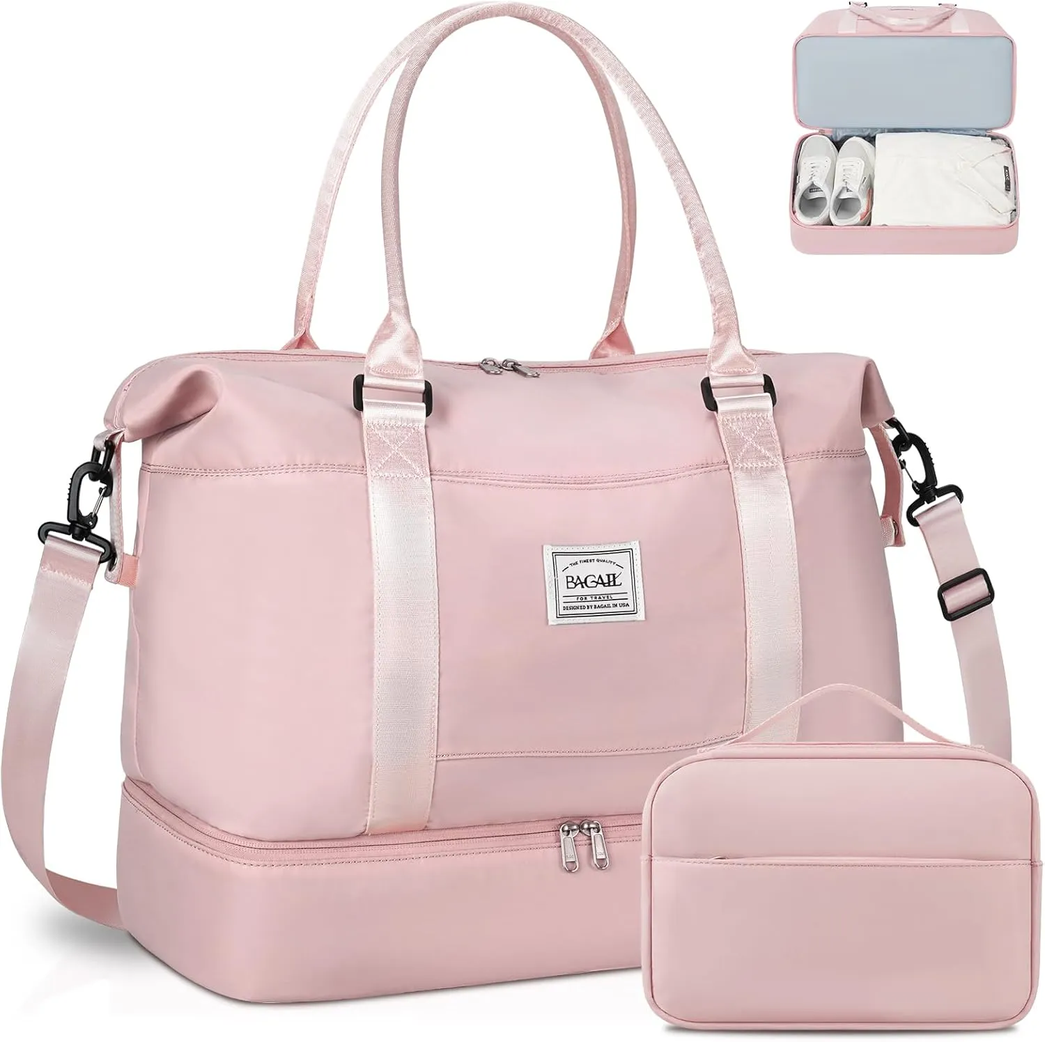BAGAIL Travel Duffel Bag, Weekender Bags for Women, Overnight Gym Carry On Tote Bag with Wet Pocket, Hospital Mom Bag for Labor and Delivery - Extra Large Set, Pink