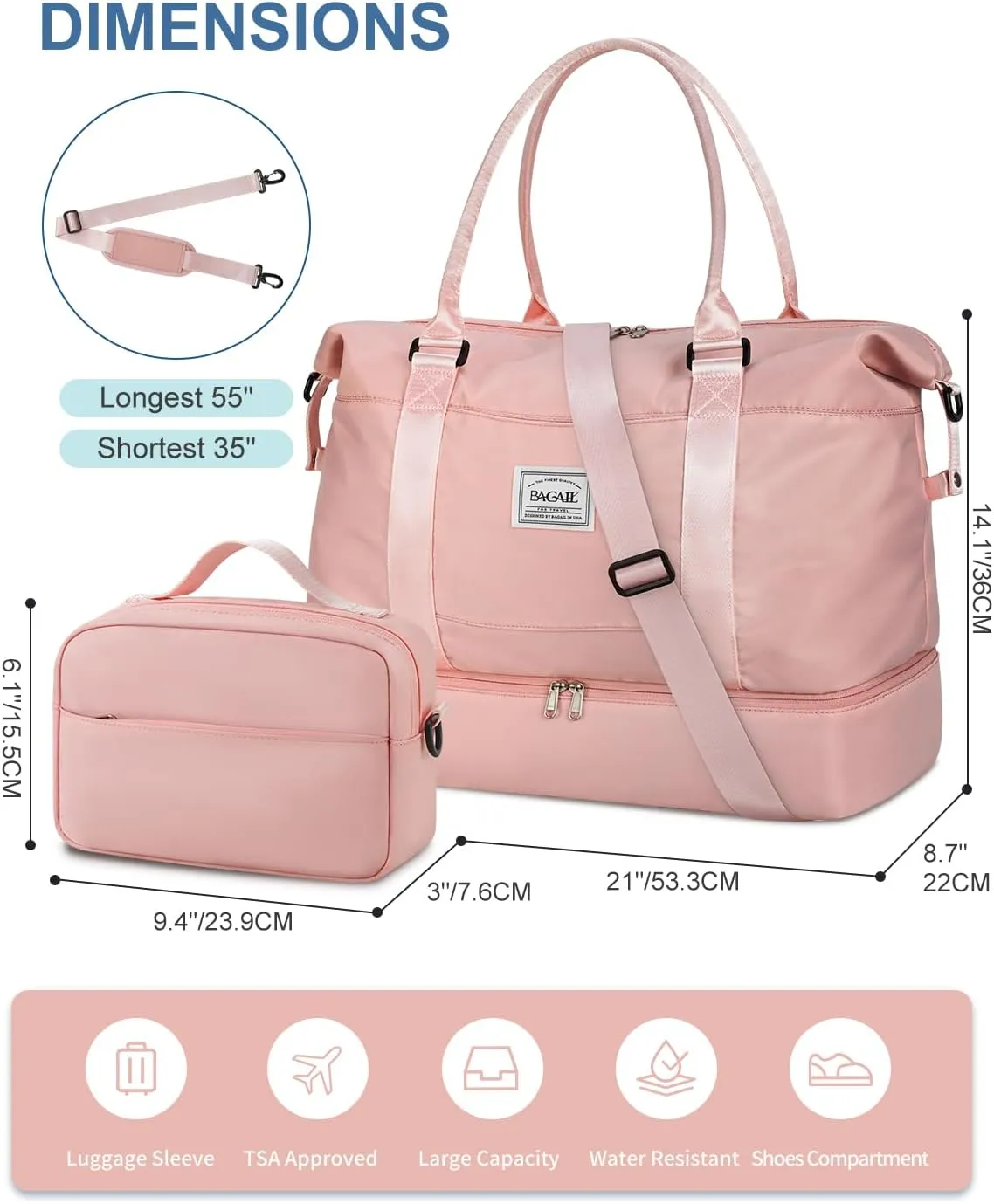 BAGAIL Travel Duffel Bag, Weekender Bags for Women, Overnight Gym Carry On Tote Bag with Wet Pocket, Hospital Mom Bag for Labor and Delivery - Extra Large Set, Pink