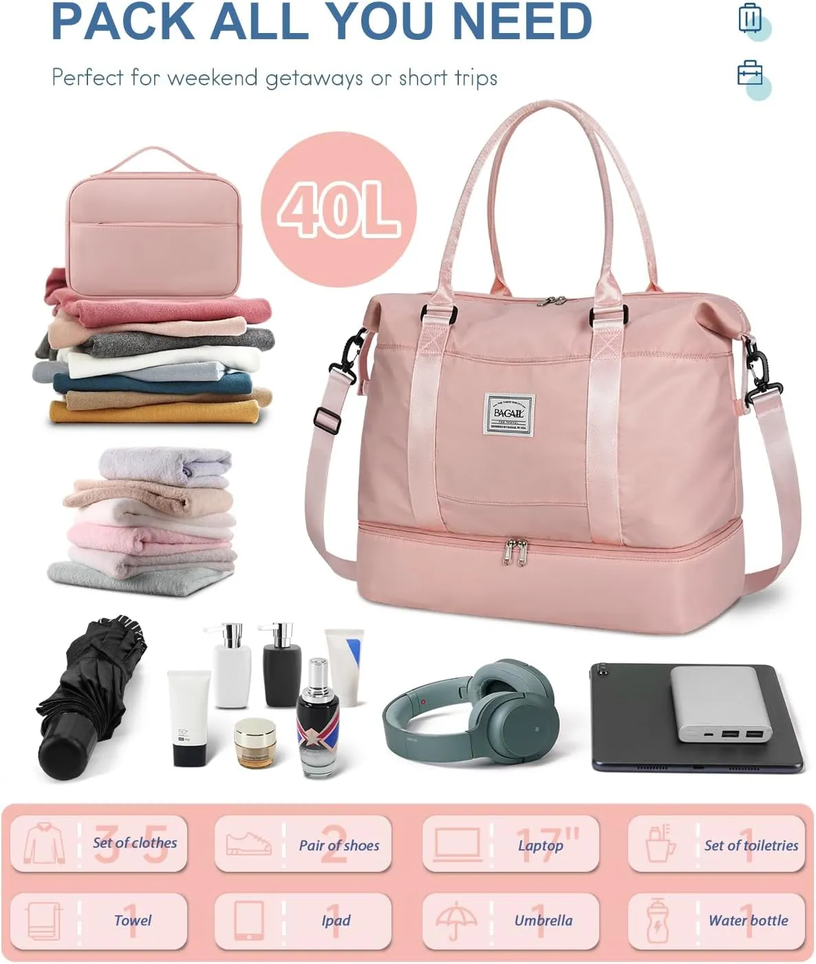 BAGAIL Travel Duffel Bag, Weekender Bags for Women, Overnight Gym Carry On Tote Bag with Wet Pocket, Hospital Mom Bag for Labor and Delivery - Extra Large Set, Pink