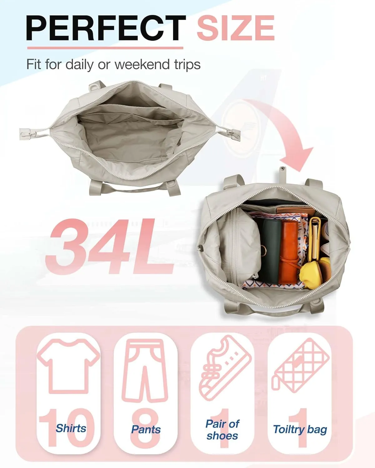 BAGSMART BAGSMART Gym Bag for Women, Carry on Weekender Overnight Travel Duffel Bags with Trolley Sleeve, Personal Item Travel Bag Tote Workout Dance Bag(Beige-Large)
