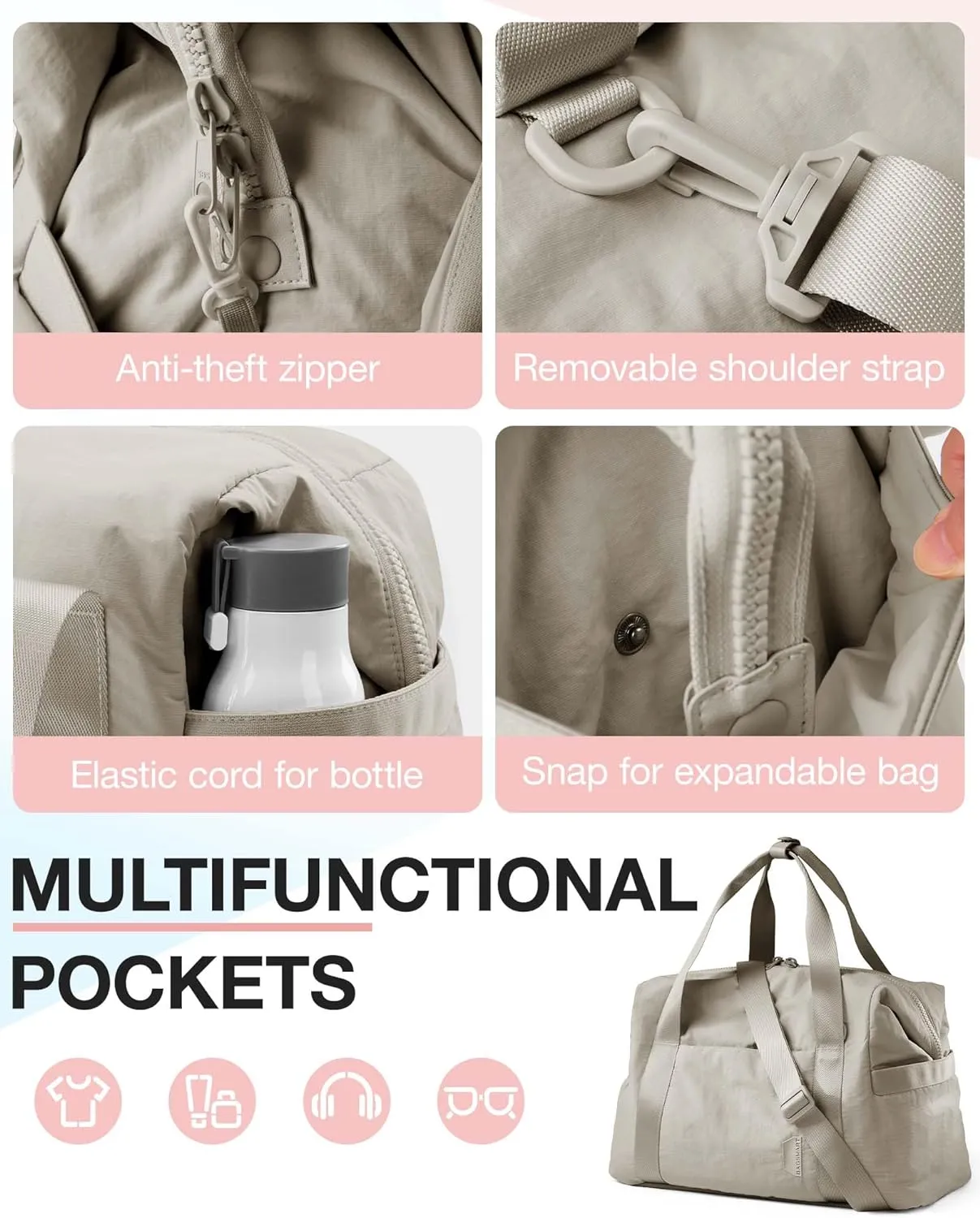 BAGSMART BAGSMART Gym Bag for Women, Carry on Weekender Overnight Travel Duffel Bags with Trolley Sleeve, Personal Item Travel Bag Tote Workout Dance Bag(Beige-Large)