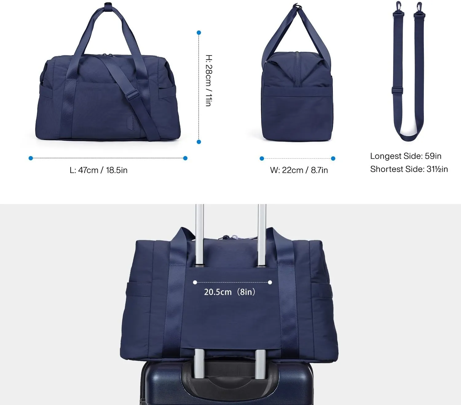 BAGSMART Gym Bag for Women, Carry on Weekender Overnight Bag, Travel Duffel Bags with Trolley Sleeve, Personal Item Travel Bag Tote Bag Workout Dance Bag(Dark Blue,Medium)