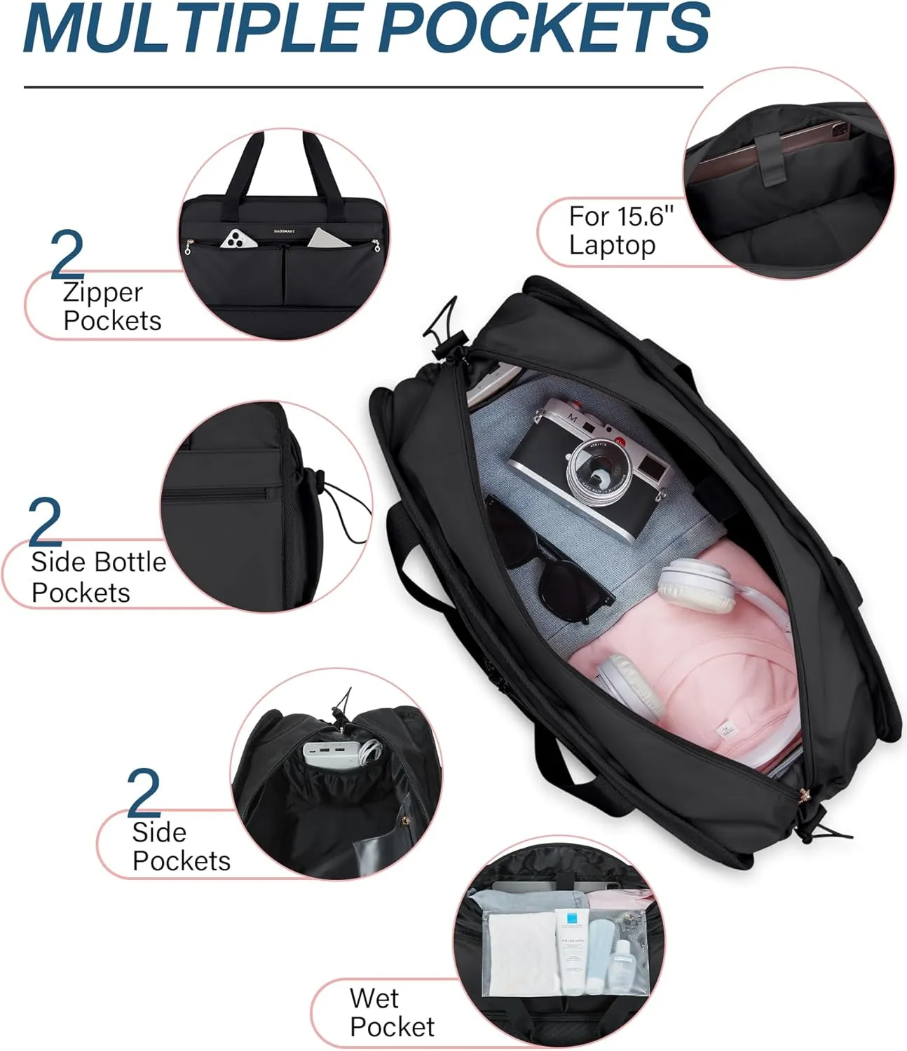 BAGSMART Women's 40L Weekender Travel Duffel Gym Bag with Shoe Compartment, Carry on Overnight Bag