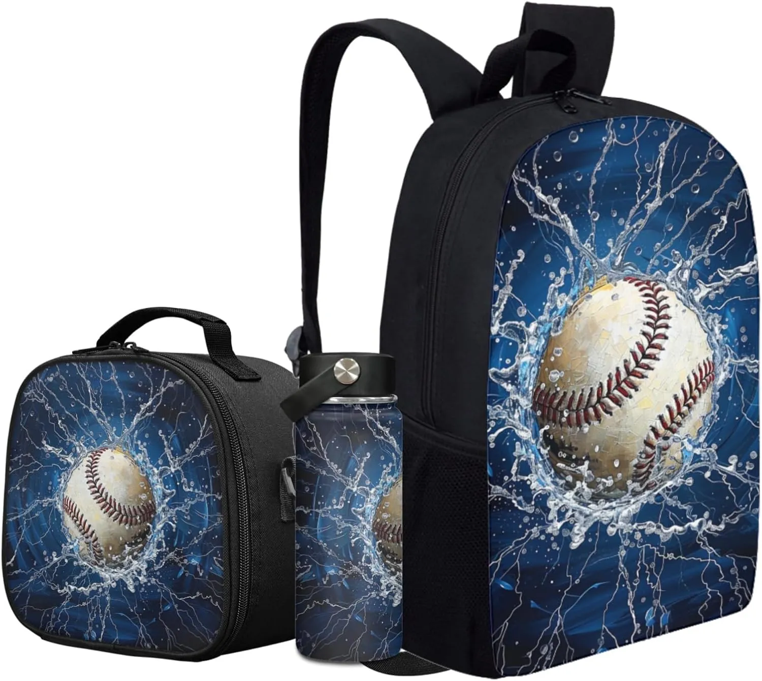 Baseball Backpack 3 Pcs Set for Elementary Boys 17 Inch Bookbag with Lunch Box Water Bottle for Kids Children 3-12T School Bag Lightweight Book Bags for Girls