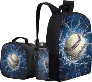 Baseball Backpack 3 Pcs Set for Elementary Boys 17 Inch Bookbag with Lunch Box Water Bottle for Kids Children 3-12T School Bag Lightweight Book Bags for Girls