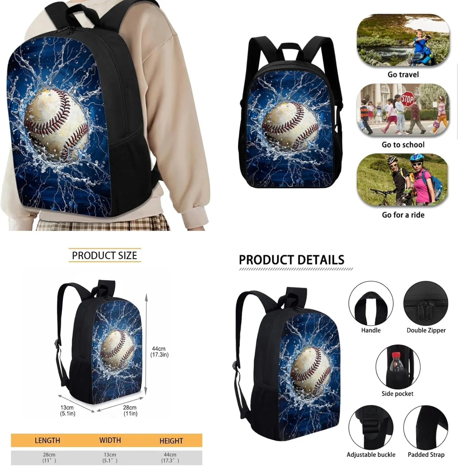 Baseball Backpack 3 Pcs Set for Elementary Boys 17 Inch Bookbag with Lunch Box Water Bottle for Kids Children 3-12T School Bag Lightweight Book Bags for Girls