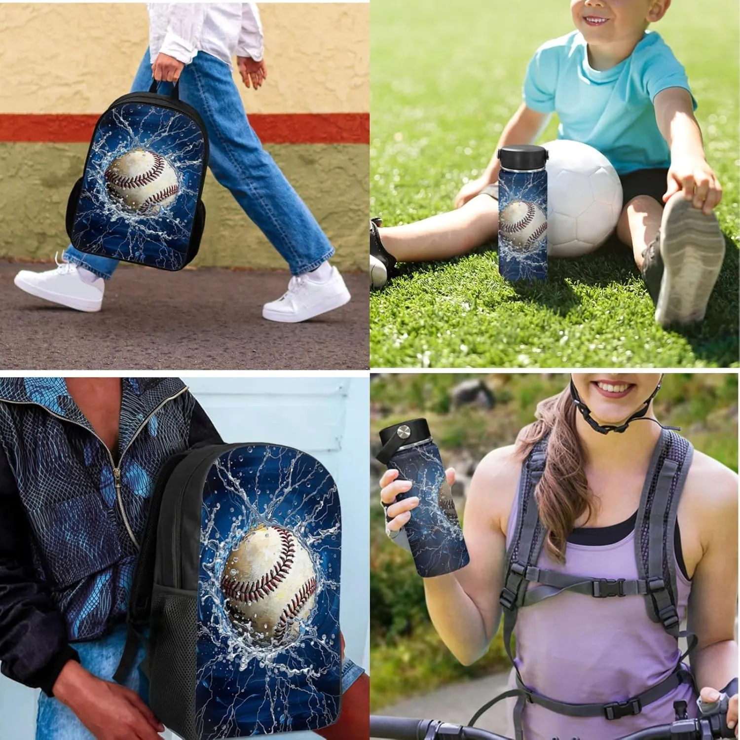 Baseball Backpack 3 Pcs Set for Elementary Boys 17 Inch Bookbag with Lunch Box Water Bottle for Kids Children 3-12T School Bag Lightweight Book Bags for Girls