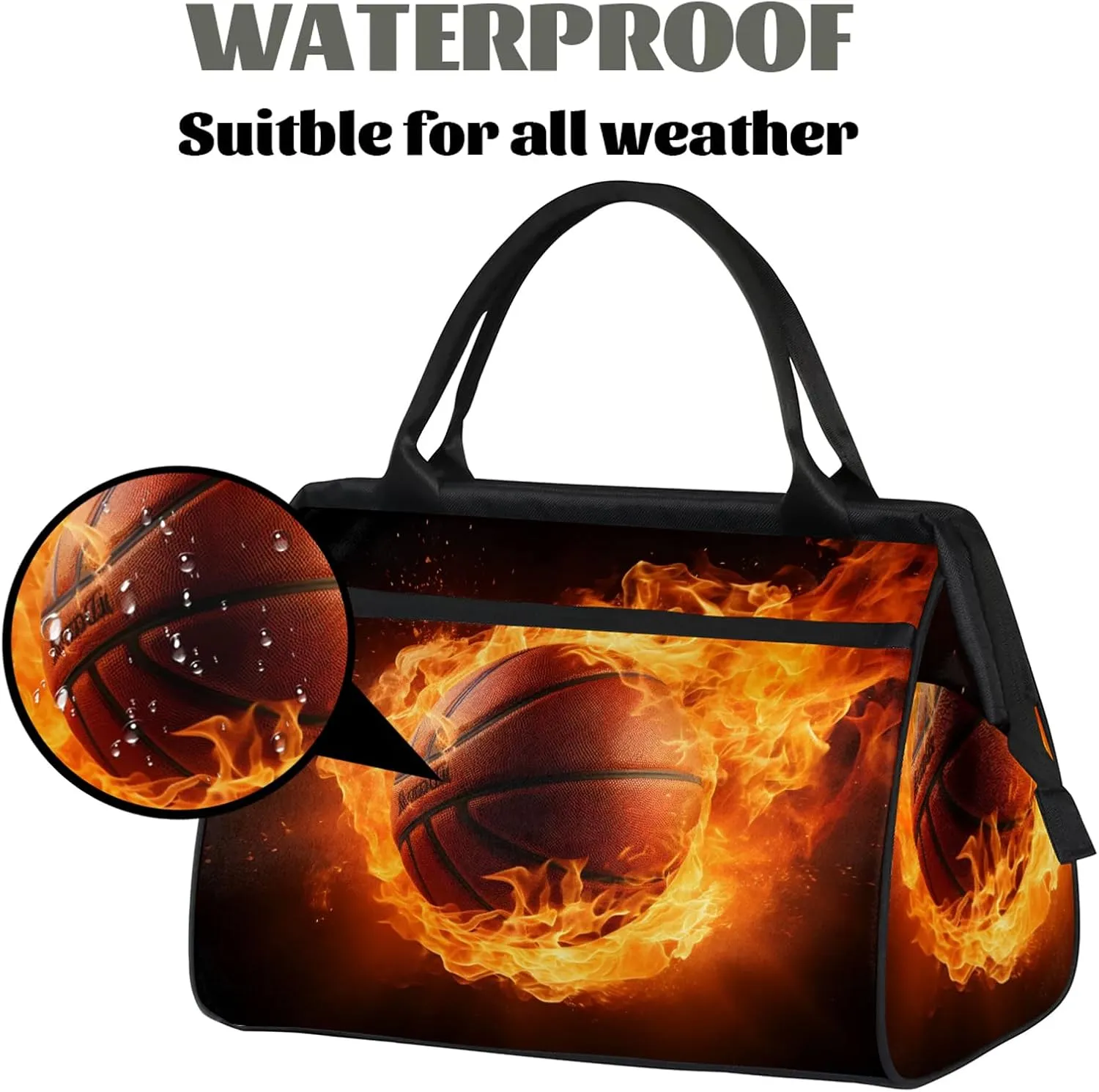 Basketball Black Fire Abstract Travel Duffel Bag Gym Tote Bag for Women Men Waterproof Weekend Overnight Bag Carry On Tote Luggage with Pocket Personal Item Bags Sports Bag fit Travel Sports Gym Yoga