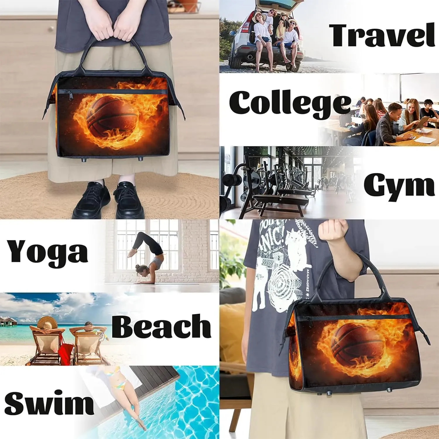 Basketball Black Fire Abstract Travel Duffel Bag Gym Tote Bag for Women Men Waterproof Weekend Overnight Bag Carry On Tote Luggage with Pocket Personal Item Bags Sports Bag fit Travel Sports Gym Yoga