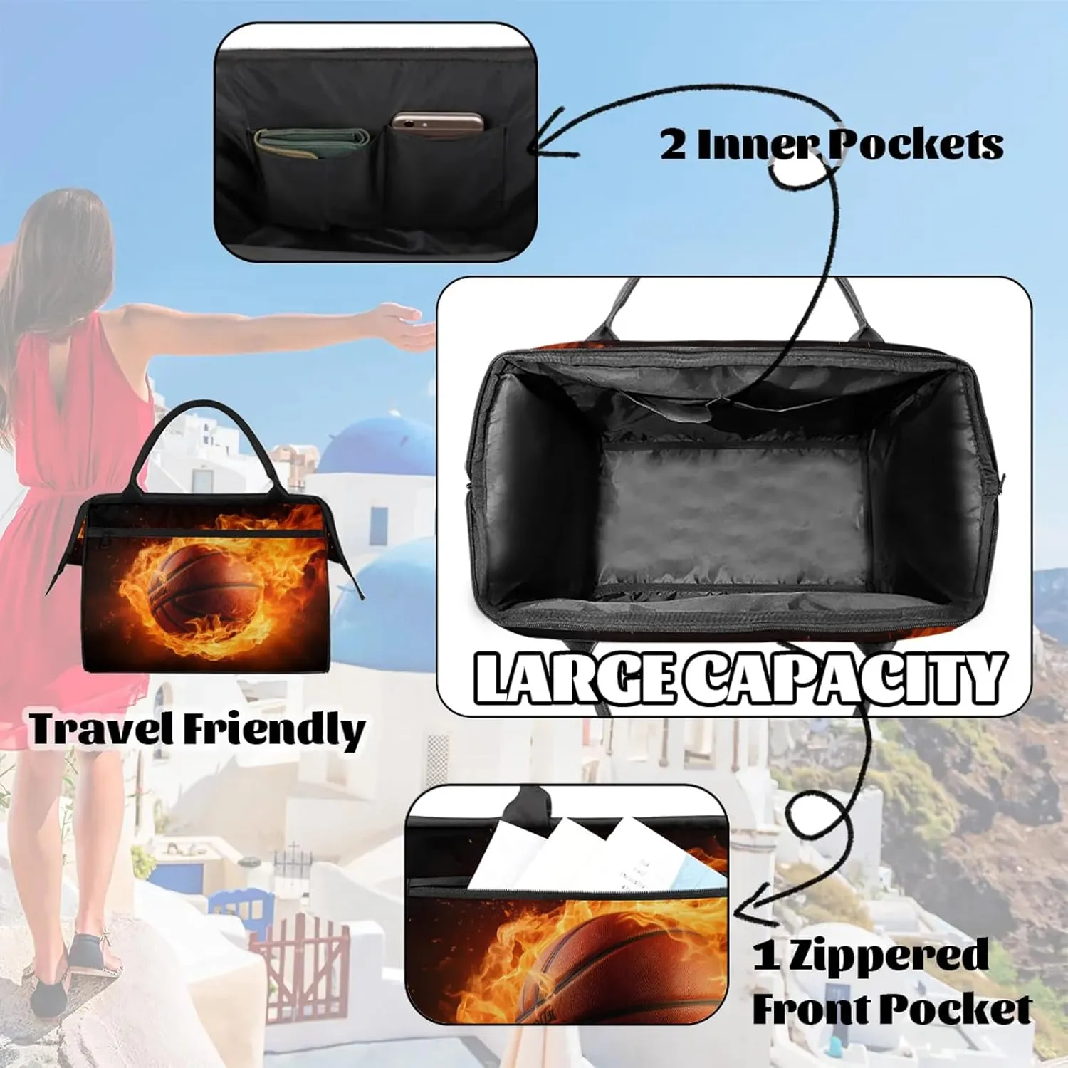 Basketball Black Fire Abstract Travel Duffel Bag Gym Tote Bag for Women Men Waterproof Weekend Overnight Bag Carry On Tote Luggage with Pocket Personal Item Bags Sports Bag fit Travel Sports Gym Yoga