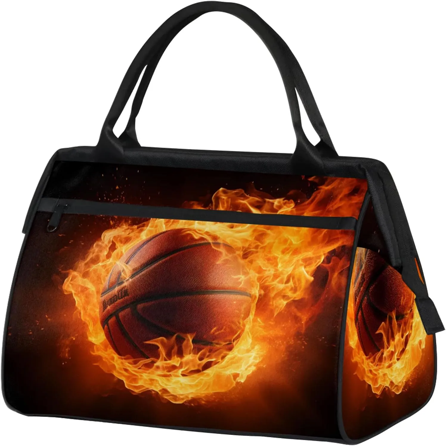 Basketball Black Fire Abstract Travel Duffel Bag Gym Tote Bag for Women Men Waterproof Weekend Overnight Bag Carry On Tote Luggage with Pocket Personal Item Bags Sports Bag fit Travel Sports Gym Yoga