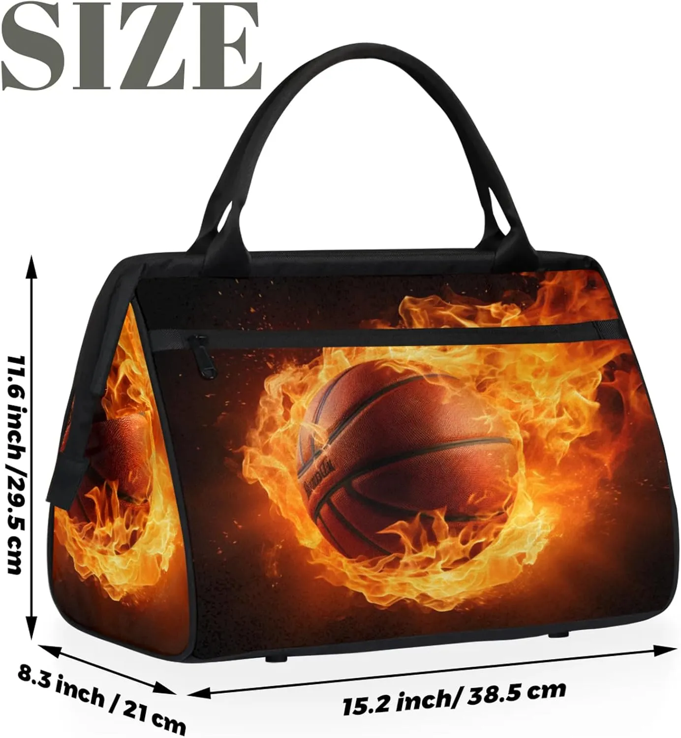 Basketball Black Fire Abstract Travel Duffel Bag Gym Tote Bag for Women Men Waterproof Weekend Overnight Bag Carry On Tote Luggage with Pocket Personal Item Bags Sports Bag fit Travel Sports Gym Yoga