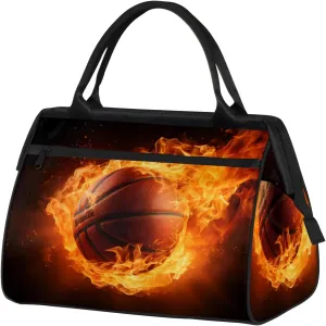 Basketball Black Fire Abstract Travel Duffel Bag Gym Tote Bag for Women Men Waterproof Weekend Overnight Bag Carry On Tote Luggage with Pocket Personal Item Bags Sports Bag fit Travel Sports Gym Yoga