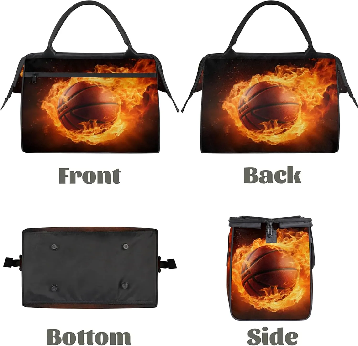 Basketball Black Fire Abstract Travel Duffel Bag Gym Tote Bag for Women Men Waterproof Weekend Overnight Bag Carry On Tote Luggage with Pocket Personal Item Bags Sports Bag fit Travel Sports Gym Yoga