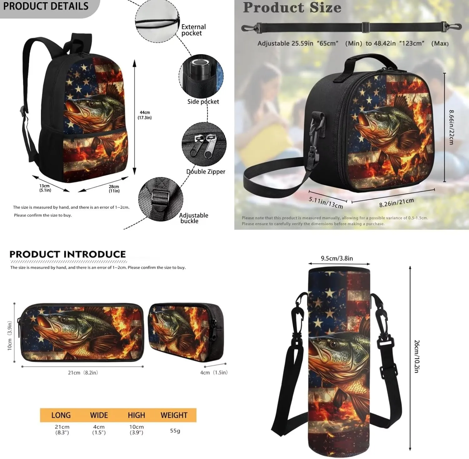 Bass Fish Kids School Bags for Boys Youth Boys American Flag Backpack with Lunch Box Water Bottle Holder Pencil Case Pouch Set 4 in 1 Daypack for Hiking Travel Back to School Supplies