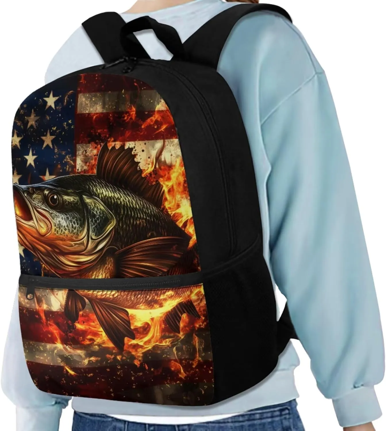 Bass Fish Kids School Bags for Boys Youth Boys American Flag Backpack with Lunch Box Water Bottle Holder Pencil Case Pouch Set 4 in 1 Daypack for Hiking Travel Back to School Supplies