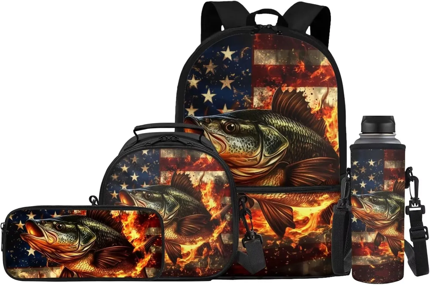 Bass Fish Kids School Bags for Boys Youth Boys American Flag Backpack with Lunch Box Water Bottle Holder Pencil Case Pouch Set 4 in 1 Daypack for Hiking Travel Back to School Supplies