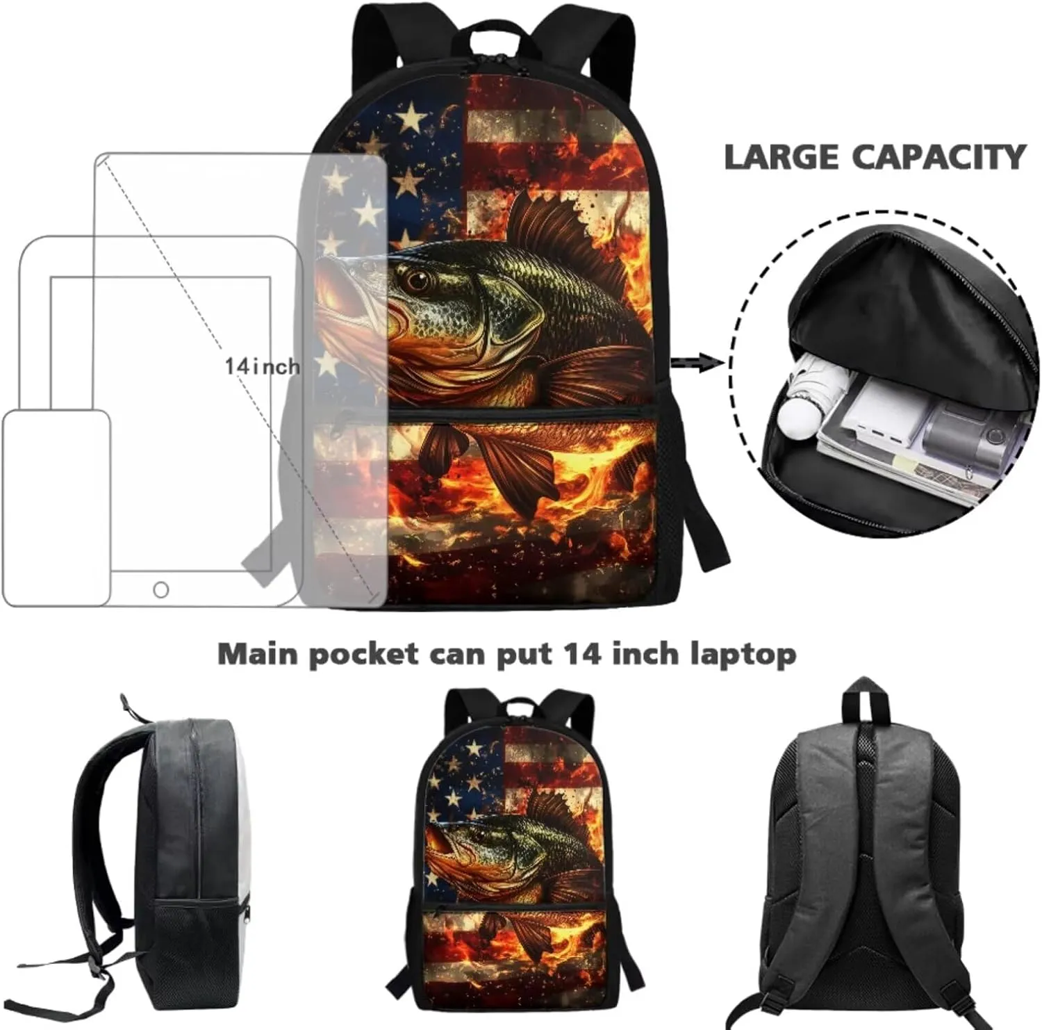Bass Fish Kids School Bags for Boys Youth Boys American Flag Backpack with Lunch Box Water Bottle Holder Pencil Case Pouch Set 4 in 1 Daypack for Hiking Travel Back to School Supplies