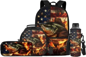 Bass Fish Kids School Bags for Boys Youth Boys American Flag Backpack with Lunch Box Water Bottle Holder Pencil Case Pouch Set 4 in 1 Daypack for Hiking Travel Back to School Supplies