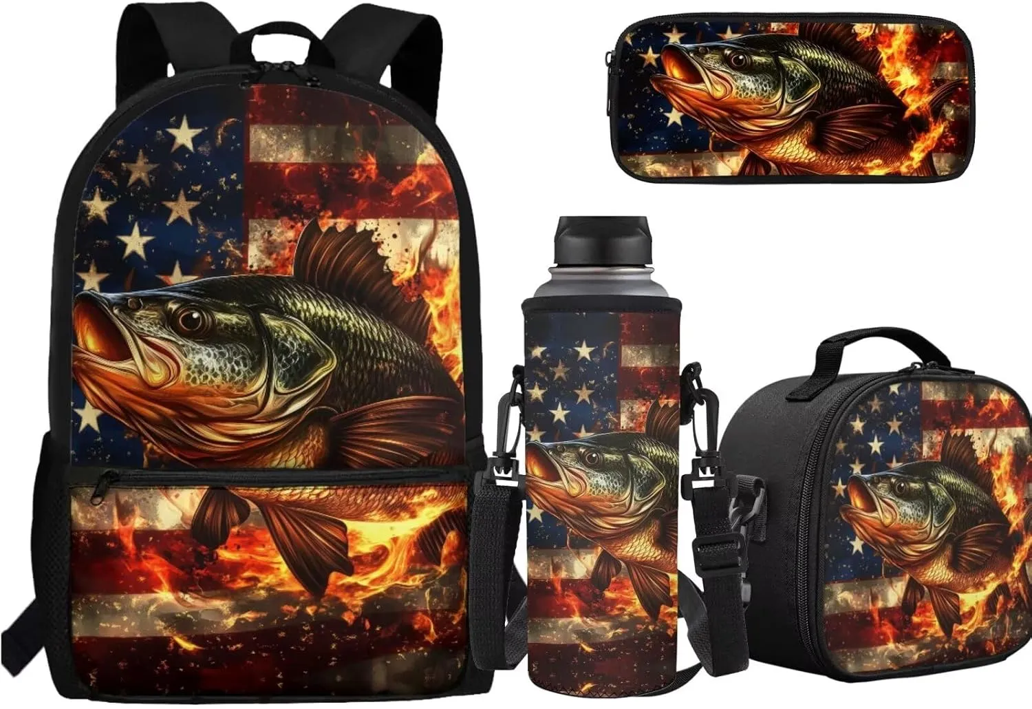 Bass Fish Kids School Bags for Boys Youth Boys American Flag Backpack with Lunch Box Water Bottle Holder Pencil Case Pouch Set 4 in 1 Daypack for Hiking Travel Back to School Supplies