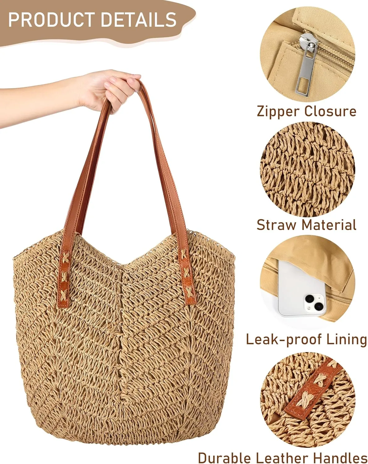 Beach Bags for Women - Straw Bag with Zipper, Soft Woven beach bag, Casual Straw Shoulder Bag for Daily Use