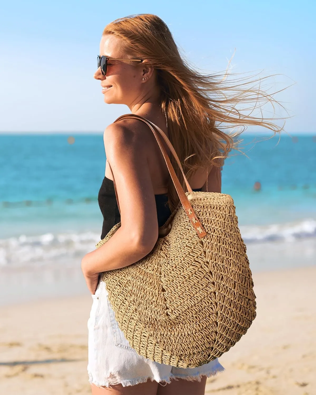 Beach Bags for Women - Straw Bag with Zipper, Soft Woven beach bag, Casual Straw Shoulder Bag for Daily Use