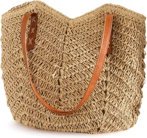 Beach Bags for Women - Straw Bag with Zipper, Soft Woven beach bag, Casual Straw Shoulder Bag for Daily Use