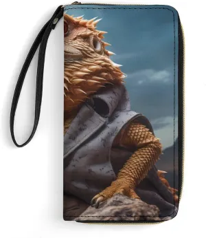 Bearded Dragon Lizard Animal Wallet for Men Women Clutch Leather Wristlet Purse Card Holder with Grip Hand Strap
