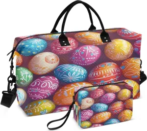 Beautiful Easter Eggs Travel Duffel Bags 2PCS,Sports Duffel Bags for Men Women,Weekender Overnight Bag Gym Tote Bag with Toiletry Bag