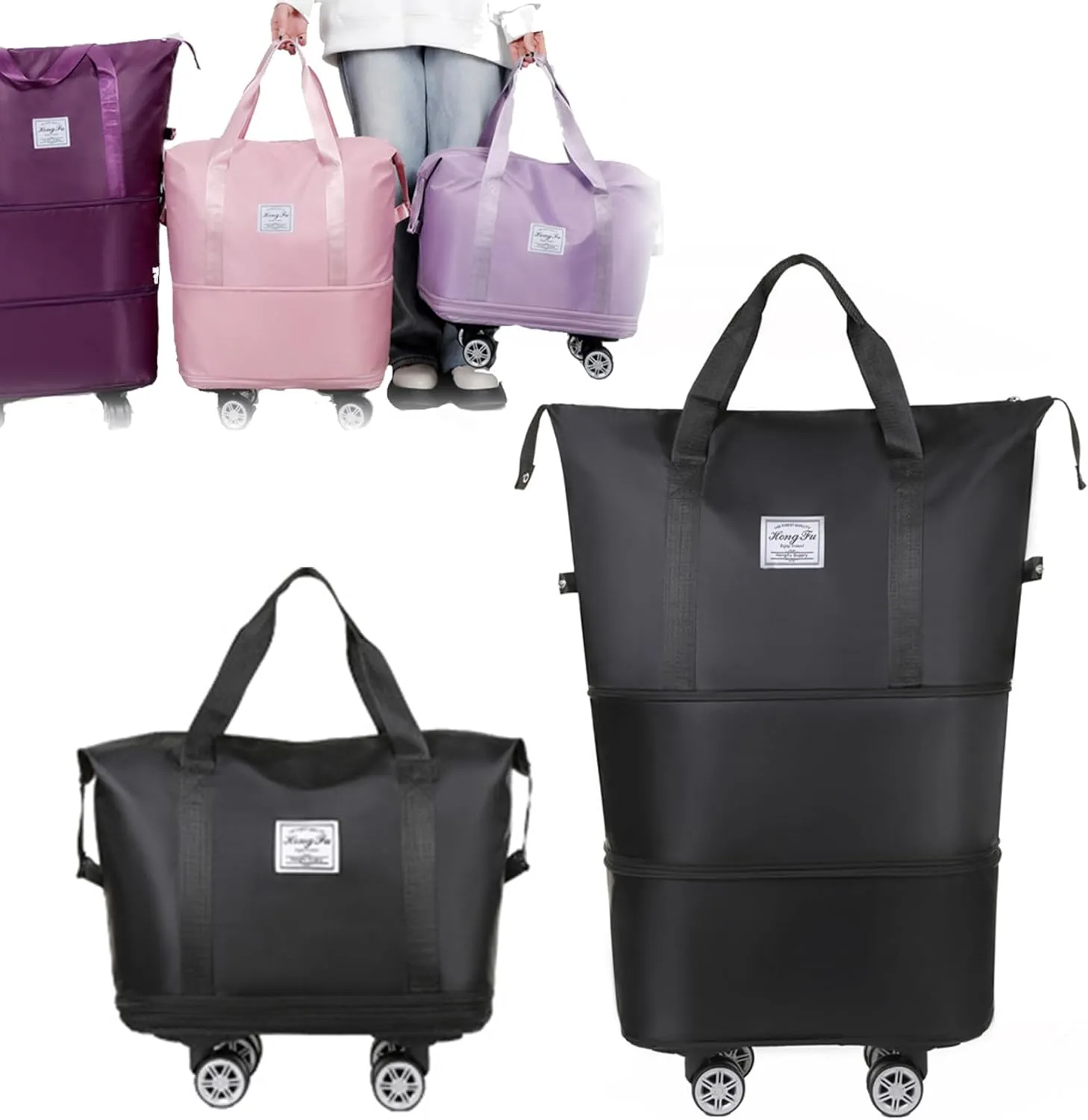 Beente Travel Bag with Wheels, 2025 New Beente Luggage with 360° Removable Silent Universal Wheels, Large Capacity Travel Bag, 5-Second Expandable Foldable, for Airports and Pavements (black)