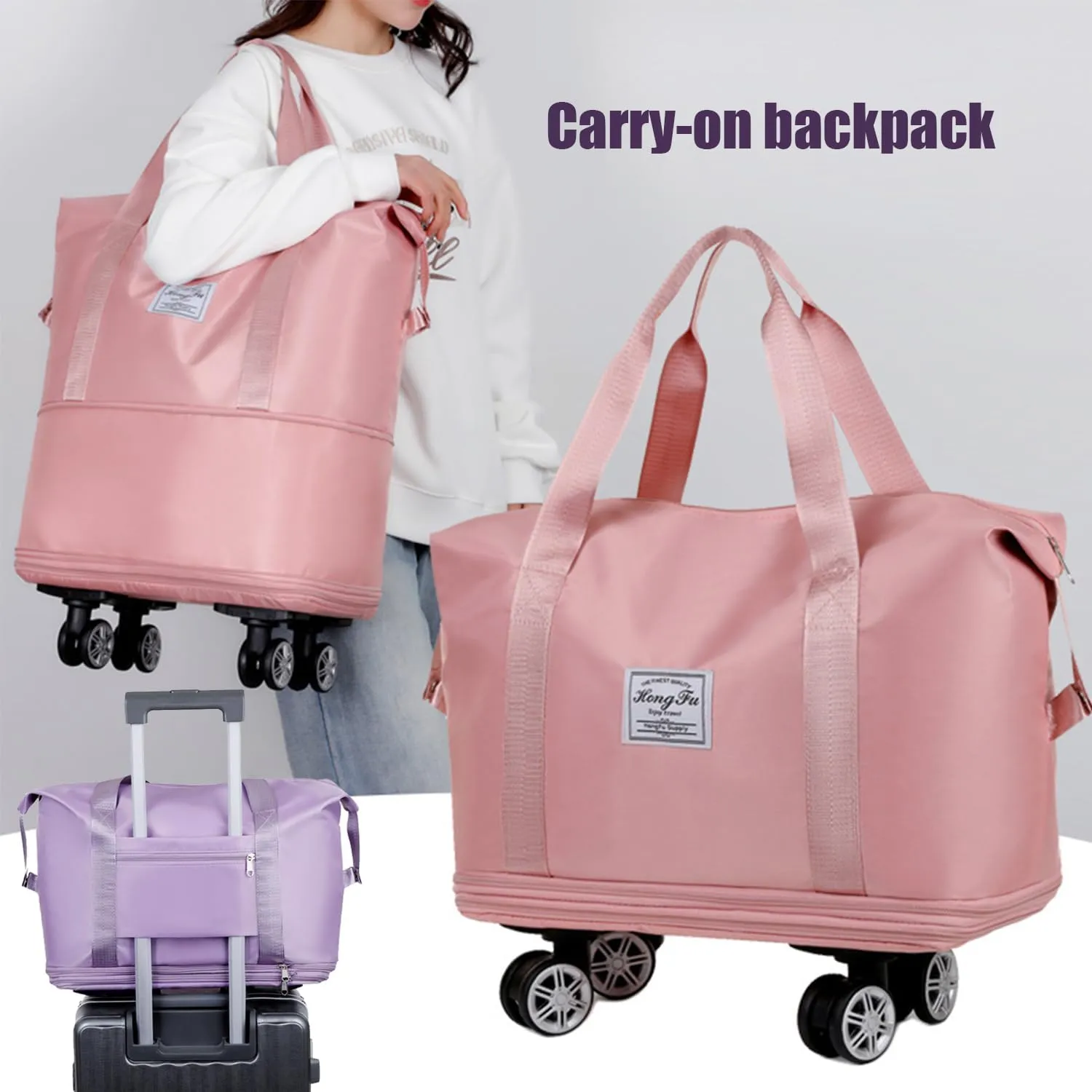 Beente Travel Bag with Wheels, 2025 New Beente Luggage with 360° Removable Silent Universal Wheels, Large Capacity Travel Bag, 5-Second Expandable Foldable, for Airports and Pavements (pink)